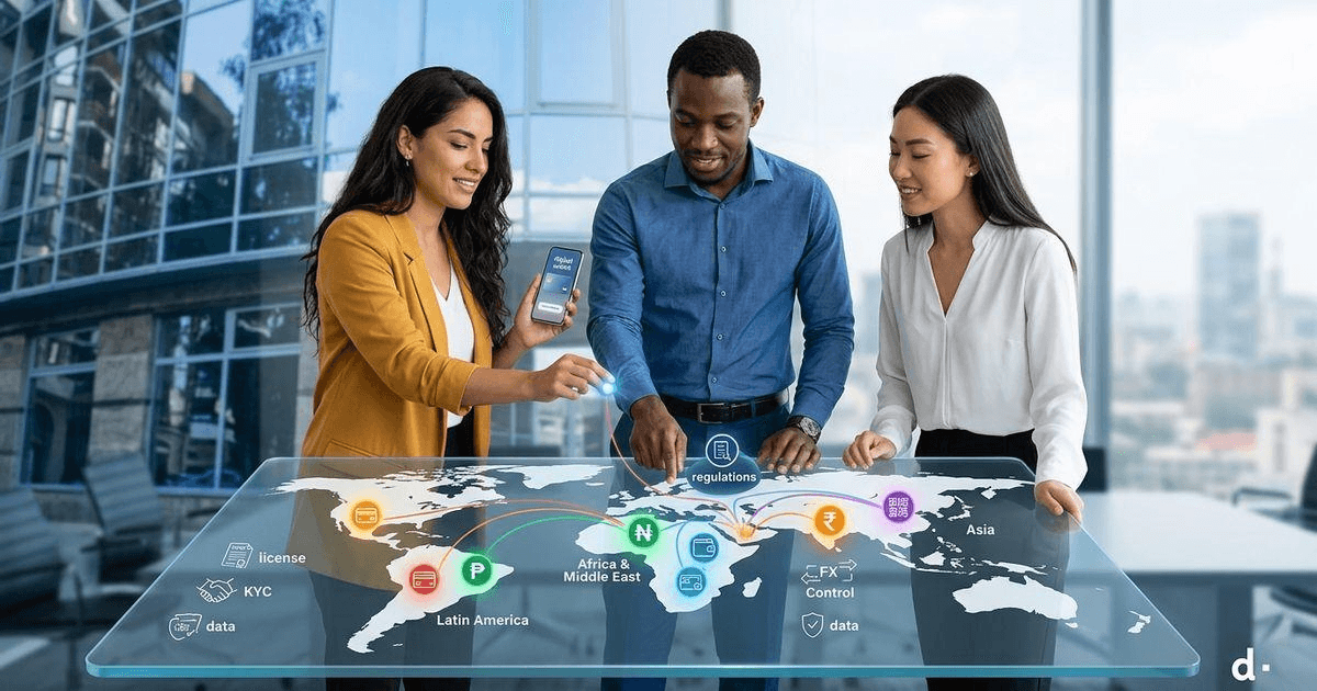 Business leaders reviewing a global partnership map with compliance insights
