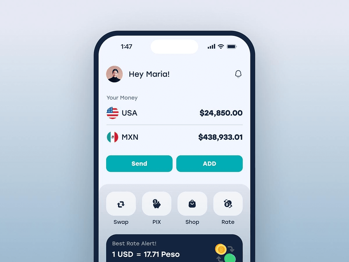 Mobile app showing an international remittance transfer in progress
